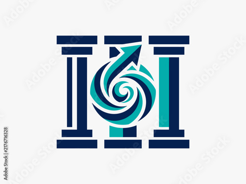 Modern Three Pillar Logo Design With Upward Arrow And Swirl Element