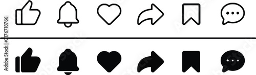 Set of social media interface icons including heart like comment bubble save and share symbols. instagram like icon, love, comment, repost, save, share icon signs - social media notification.  