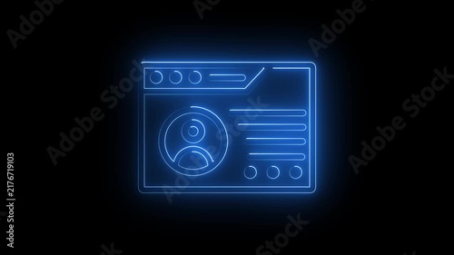 Glowing blue neon outline of a user profile card or digital identity document on a black background, featuring a luminous effect and a modern digital aesthetic.