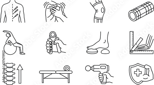Quadro su tela Physiotherapy and Chiropractic Treatment Line Icon Set with Spine Care Massage G
