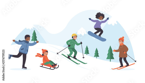 Diverse happy people enjoying outdoor winter activities like skiing, snowboarding, ice skating, and sledding.