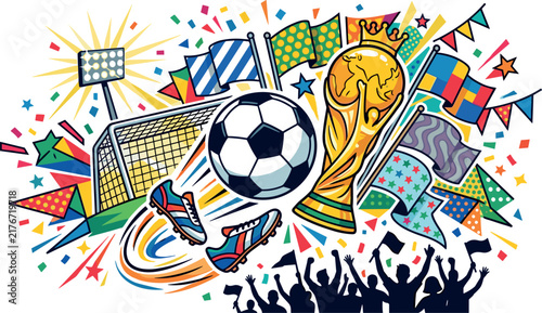 Soccer World Championship Trophy with Football and Cheering Fans Vector Illustration