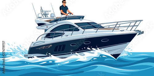 Man Driving Luxury Motor Yacht Speeding on Ocean Waves Vector Illustration