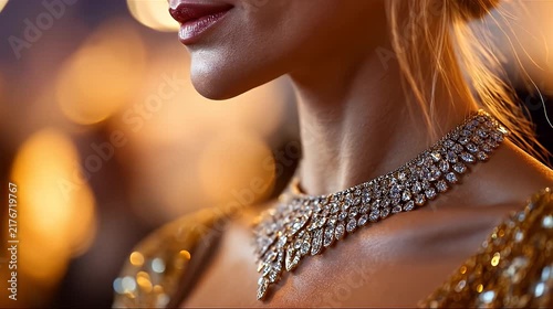 Close up of an elegant woman wearing a luxurious diamond necklace at a formal gala event.