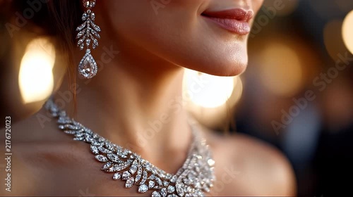 A woman wears a luxurious diamond necklace and earrings at a glamorous evening gala.