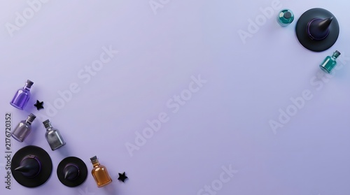 Top view of various small decorative glass bottles and black lids arranged on a light purple halloween background