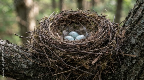Natural bird nest with three speckled blue eggs on a tree branch in the forest