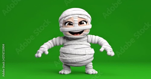 Cute 3D cartoon mummy character moving right to left on green screen background. 4K Video 60 fps