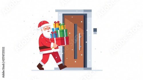 Santa Claus carrying a stack of gift boxes towards a door during snowfall. 