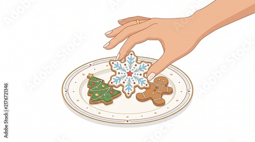 A hand places a snowflake cookie on a plate with a Christmas tree and gingerbread man cookie. 