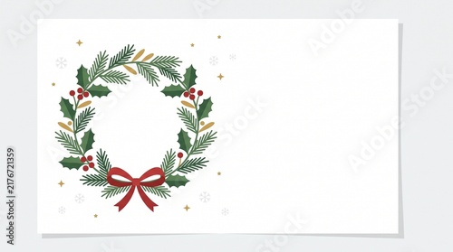 A Christmas wreath with a red bow and festive decorations on a white background. 