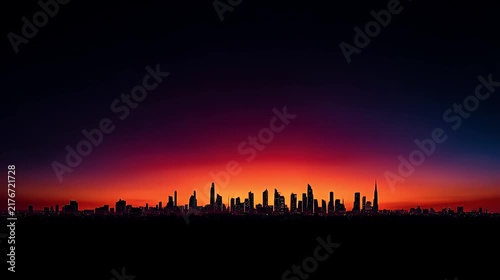 Vibrant sunset glow behind a modern city skyline silhouette.