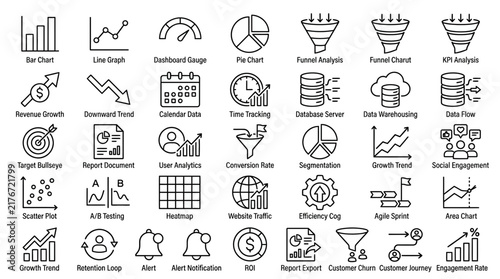 Infographic icons library displaying labeled business and analytics symbols with sharp black stroke textures, showcasing corporate workflows and performance data.