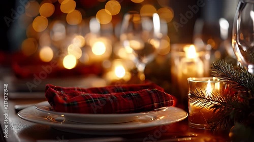 Elegant holiday table setting with a red tartan napkin and flickering candles under warm festive lights.