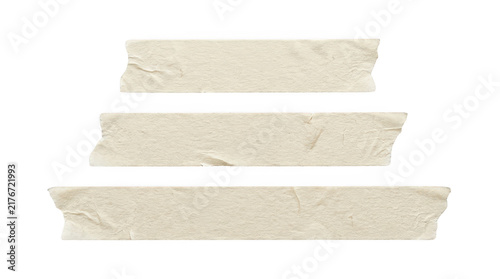 Set of three pieces of beige masking tape with torn edges isolated on transparent background