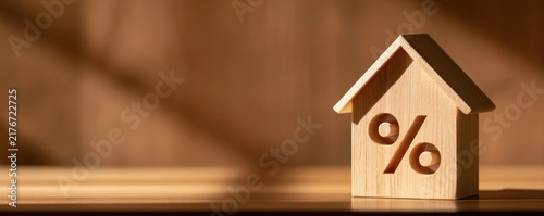 Wooden house model with percent sign on wooden surface