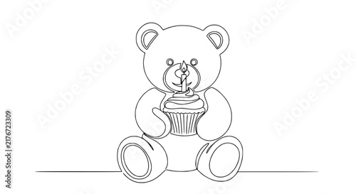 Continuous line drawing of a teddy bear holding a cupcake with a candle, isolated on white