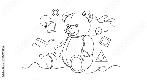 Isolated teddy bear line art with geometric shapes and swirls on transparent background