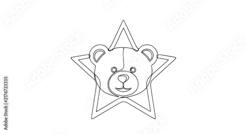 Minimalist single line drawing of a teddy bear face inside a star, isolated on transparent background.
