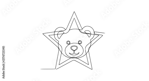 Teddy Bear Face in Star Outline, Single Line Drawing, Isolated