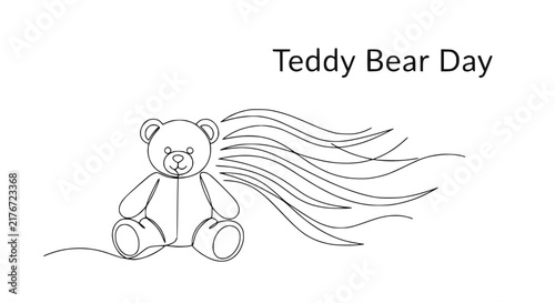 Teddy Bear Day single line drawing with flowing hair, isolated on white