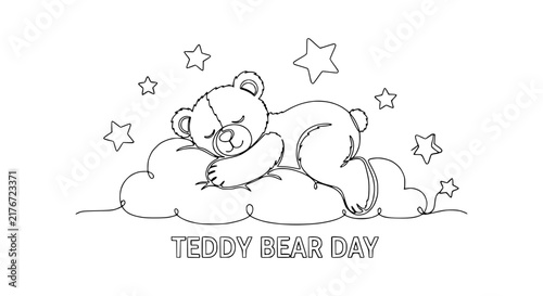 Cute Teddy Bear Sleeping on Cloud, Stars, Isolated, Line Art, Teddy Bear Day