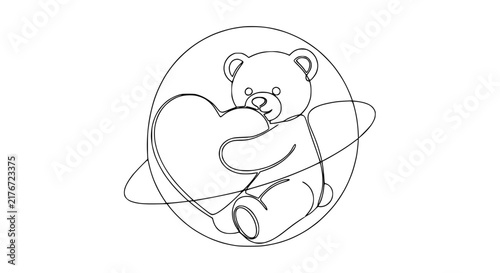 Teddy Bear Hugging Heart, Line Art, Isolated