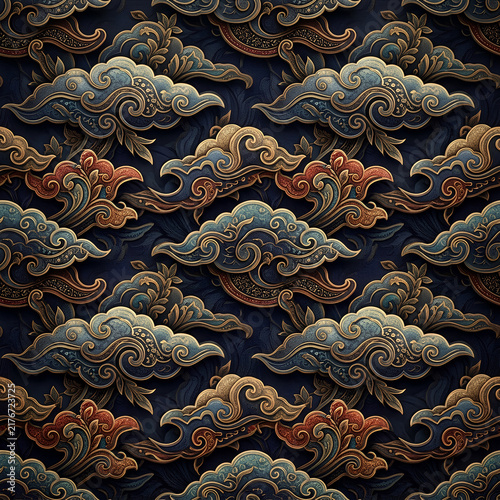 Traditional Asian Cloud Pattern Textile Design Artwork.