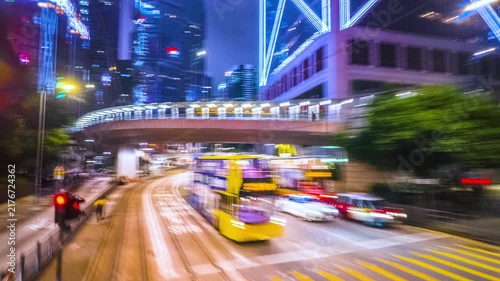 Timelapse video of driving in a city. Non stop moving.
Timelapse video of tram riding in Hong Kong at night, through the vibrant city with light trail by traffic.
Hong Kong, China..
