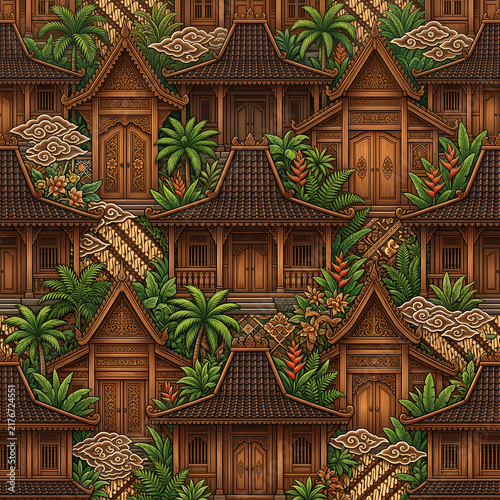 Traditional Thai Wooden Houses with Tropical Foliage Pattern.