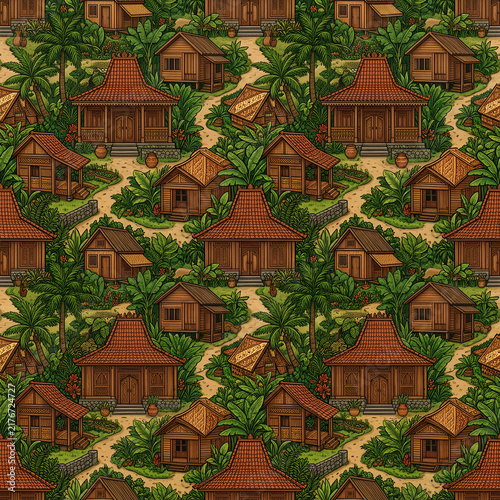 Traditional Village Scene with Wooden Houses and Lush Greenery 1.