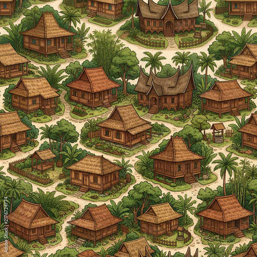 Traditional Village Scene with Wooden Houses and Lush Greenery.