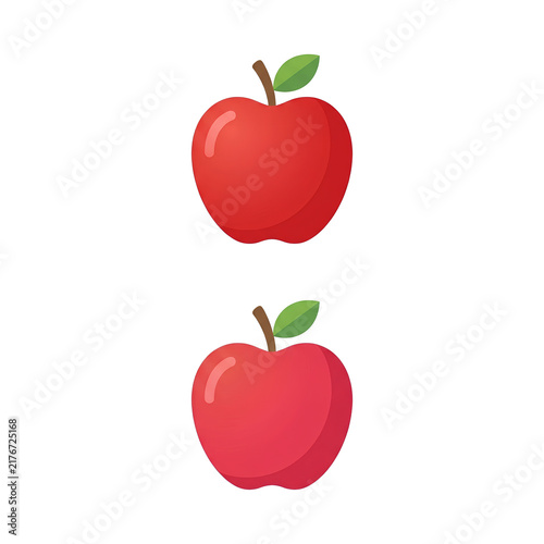 Two Fresh Red Apples with Green Leaves on White Background.
