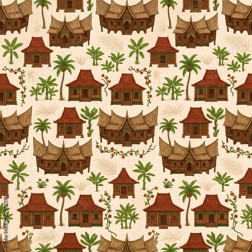 Tropical Village Scene with Traditional Huts and Palm Trees.