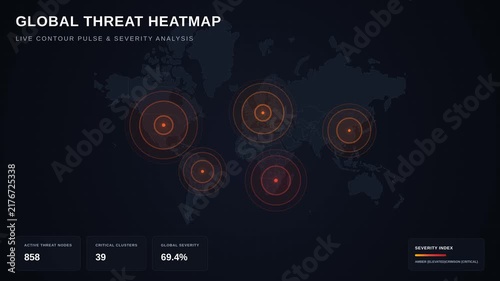 Global threat heatmap with world map with pulsing radar circles severity index stats, for cyber security monitoring, international crisis tracking, defense intelligence, risk assessment