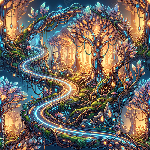Vibrant Fantasy Forest with Glowing Trees and Mystical Pathway.