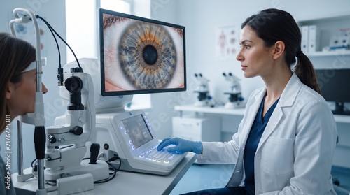 Professional ophthalmologist examining patient eye scan, female optometrist using digital retinal imaging technology in modern clinic