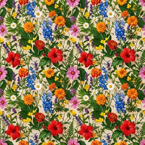 Vibrant Floral Pattern with Diverse Colorful Flowers.