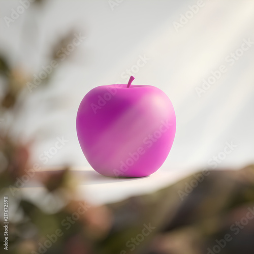 Vibrant Pink Apple on Natural Surface with Soft Background.