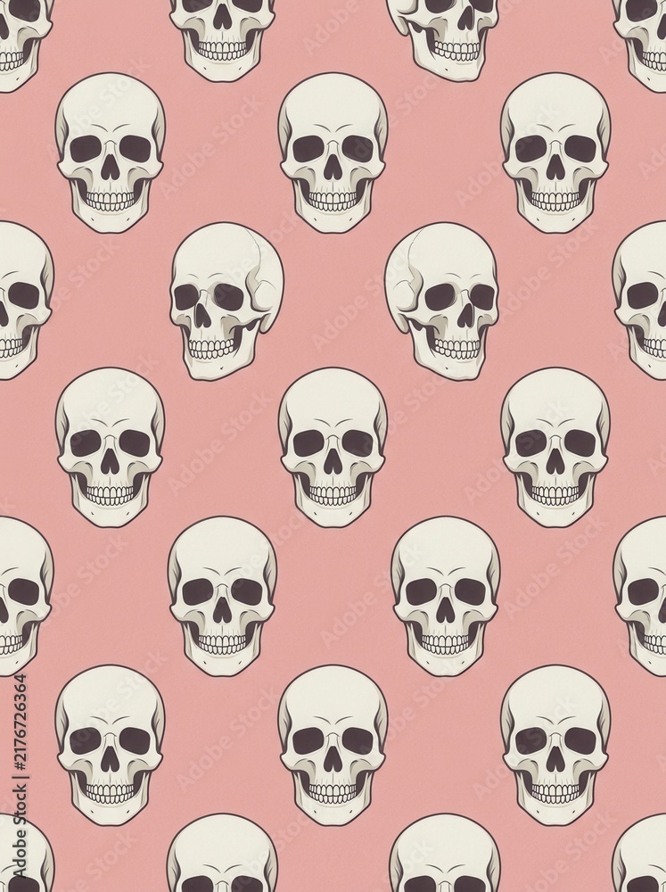 Repeating Pattern Of Stylized Skulls On A Pastel Pink Background
