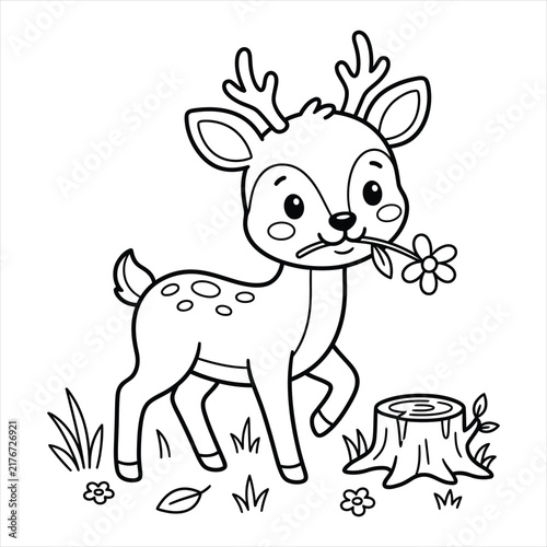 Cute little fawn holding a flower in its mouth, standing by a tree stump, vector line art drawing.