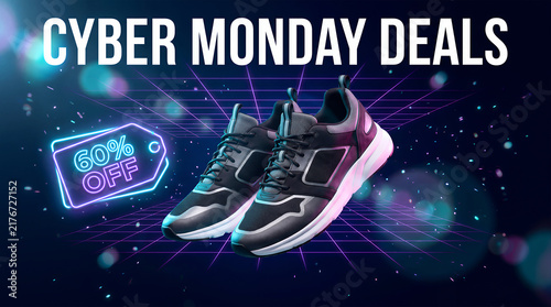 Athletic sneakers floating in mid air. Cyber Monday deals banner with neon 60 percent off discount price tag on dark background. Promotional offer, rebate ecommerce marketing. Special promotion sale.