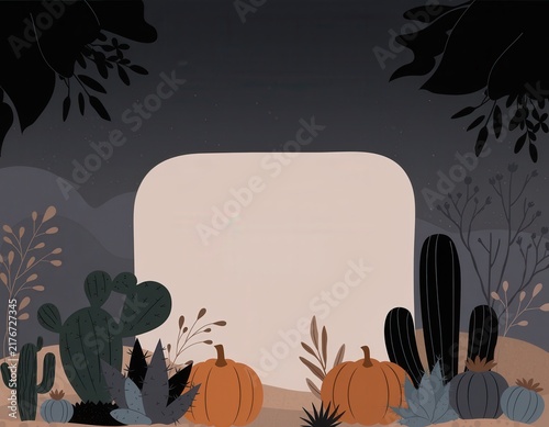 Autumn background featuring pumpkins cacti set against dark landscape seasonal atmosphere