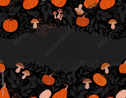 Decorative illustration showcasing autumn harvest featuring pumpkins mushrooms against dark background