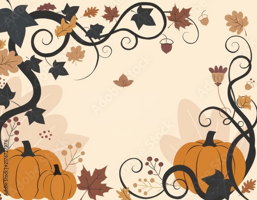Decorative autumn frame featuring pumpkins leaves vines seasonal celebrations festive decor