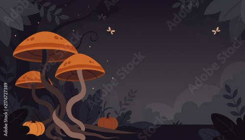 Enchanting forest filled vibrant orange mushrooms pumpkins starry night sky