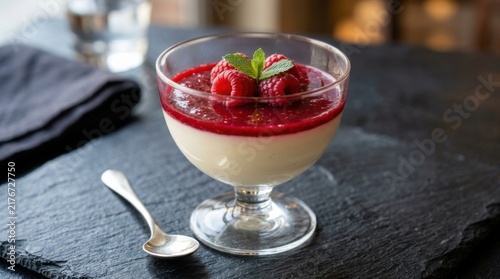 Panna cotta dessert with raspberry sauce and fresh berries in a glass bowl on slate.