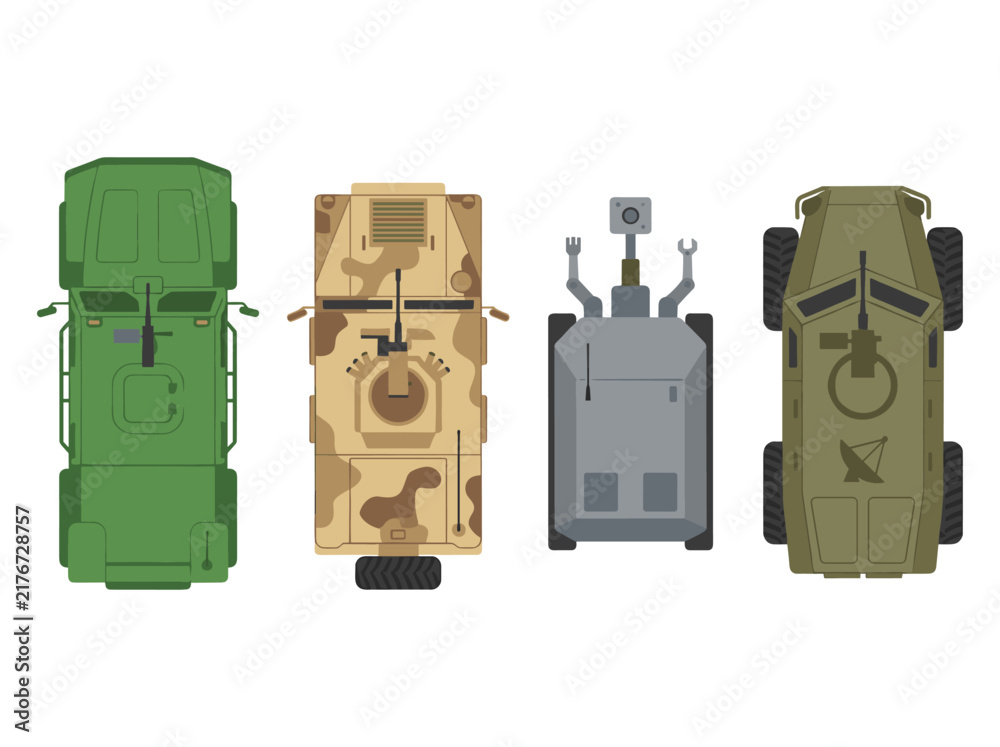 Obraz premium Set of armored military vehicles in top down view, tactical transport machines, war defense equipment, combat tanks and mobile units for strategy