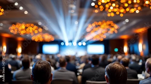 Business audience attending a large corporate conference with brightly lit stage and bokeh effects.