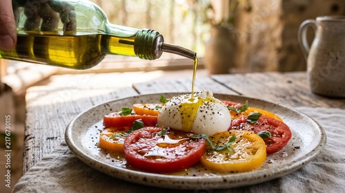 Pouring Extra Virgin Olive Oil over Burrata and Heirloom Tomatoes